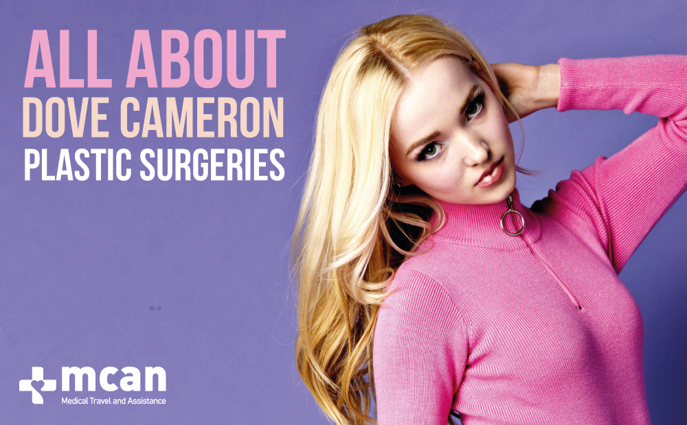 Dove Cameron Plastic Surgery Article Cover Photo With Article Title and Dove Touching Her Hair from Close Up
