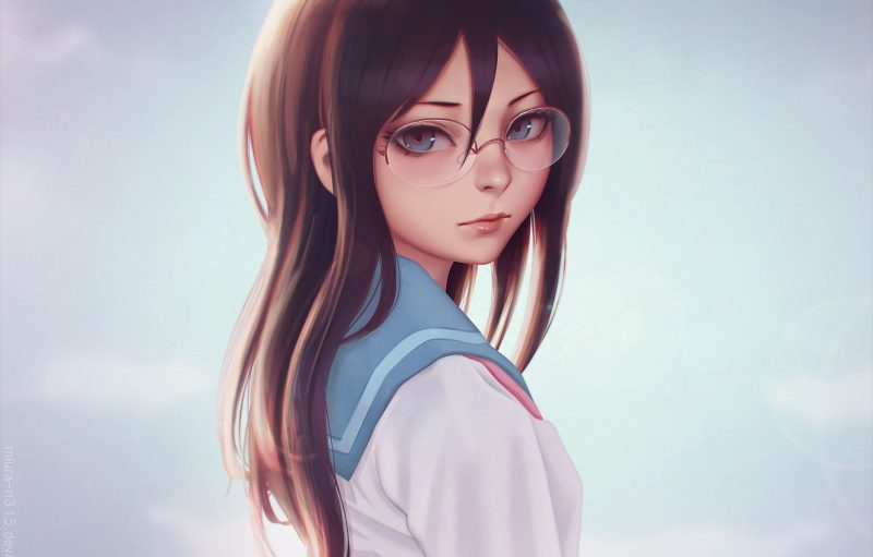 Manga image of school girl with glasses looking sideways with a south East Asian type of nose