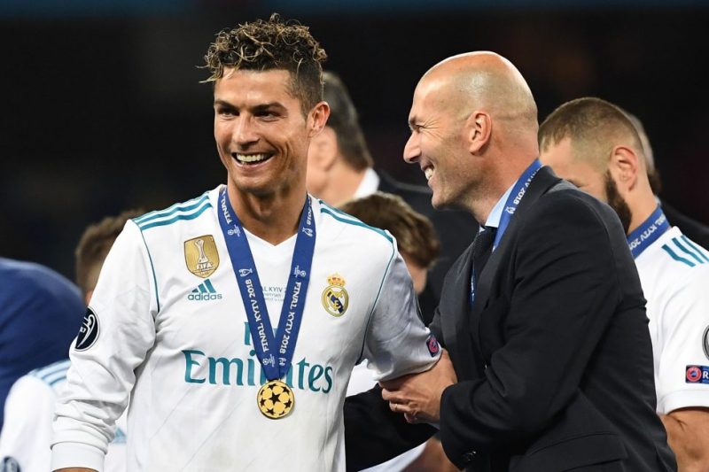zinedine zidane and Cristian Ronaldo, celebrating Real Madrid Championship 2016