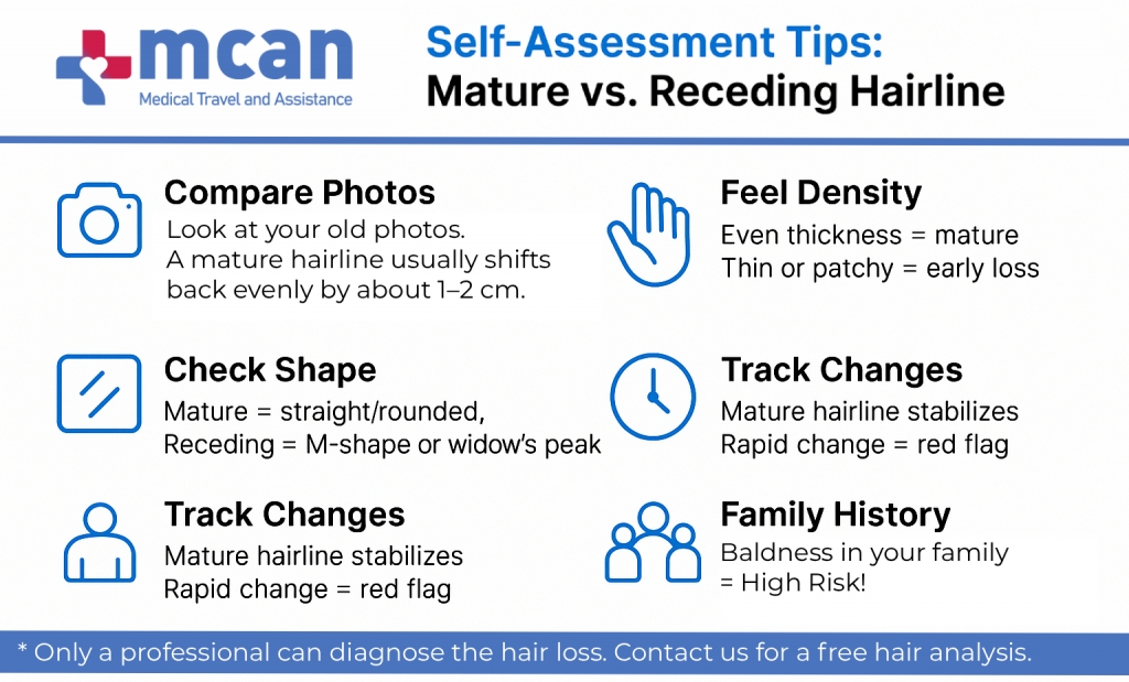 Mature Hairline or Receding Hairline? How to Tell the Difference 4 Self Assessment Tips to Detect a Mature Hairline and Receding Hairline Self Assessment Tips to Detect a Mature Hairline and Receding Hairline