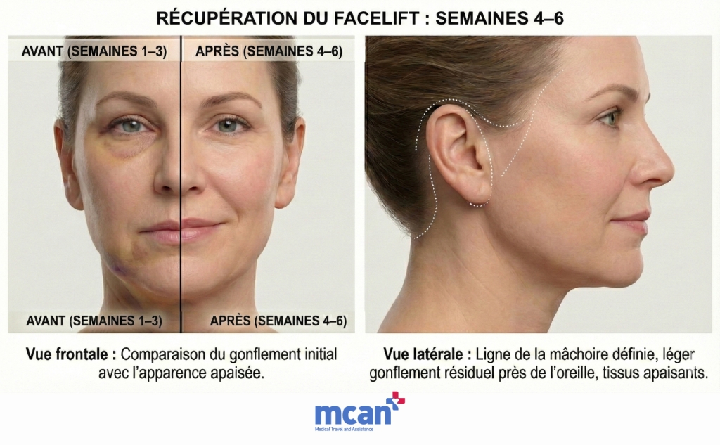 Récupération après un lifting du visage : à quoi s’attendre des jours aux mois 3 FR Weeks 46 Récupération lifting du visage : Semaines 4–6
