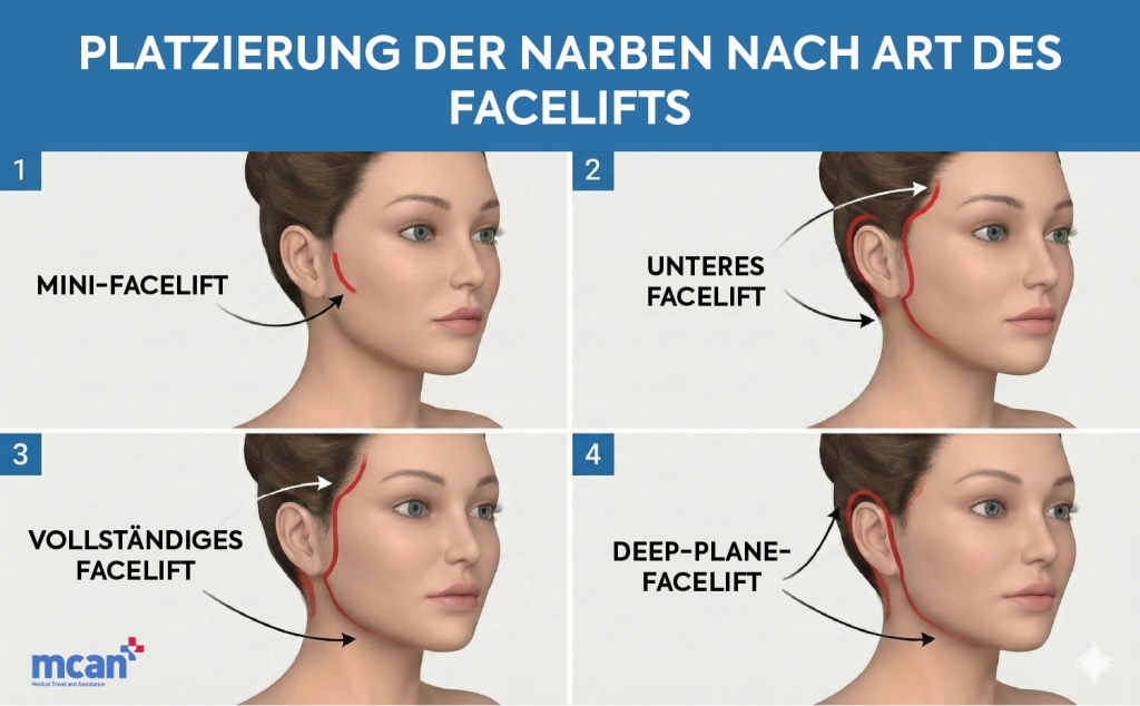 Platzierung von Facelifting Narben nach Facelifting