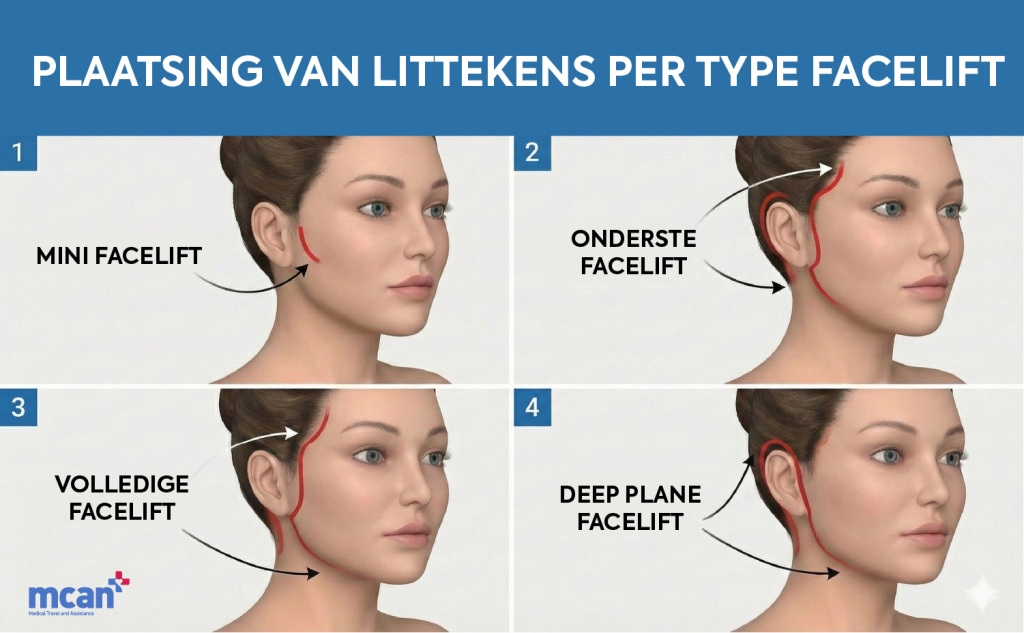 Plaatsing van Facelift littekens per type Facelift
