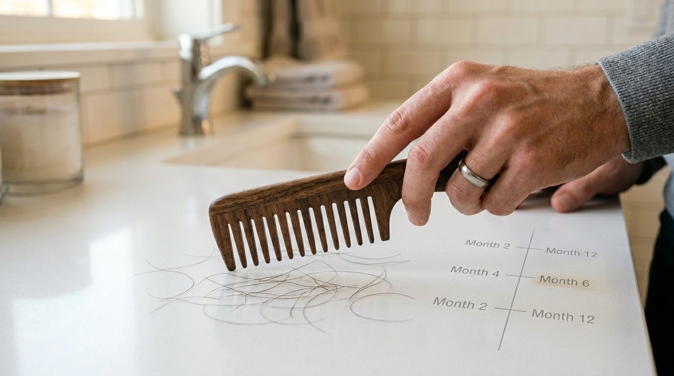 Does Weight Loss Cause Hair Loss? Causes, Timeline & Recovery 4 weight loss hair loss shedding timeline opt 1 Man's hands holding a comb with shed hair next to a minimal timeline graphic showing months 2, 4, 6, and 12 after weight loss