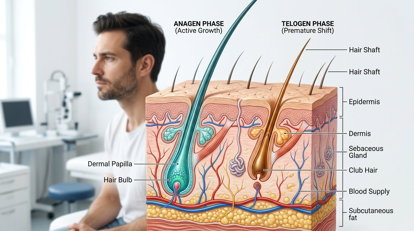 Does Weight Loss Cause Hair Loss? Causes, Timeline & Recovery 3 weight loss hair loss telogen effluvium scalp opt 1 Medical illustration of scalp follicles in anagen and telogen phase, showing how weight loss triggers telogen effluvium