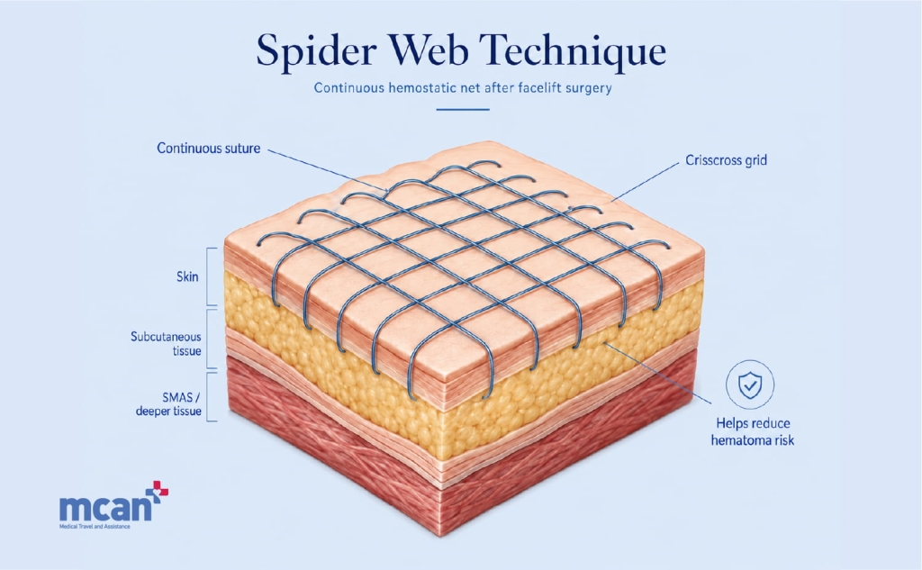 What Is the Hemostatic Net Technique (Spider Web) in Facelift Surgery? 2 What Is the Spider Web Technique Hemostatic Net en What Is the Spider Web Technique Hemostatic Net en