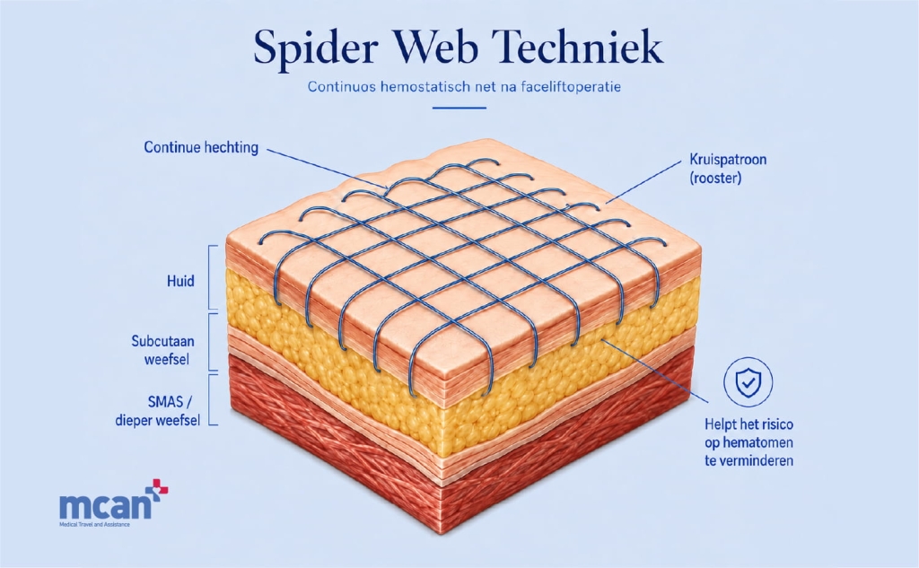 Wat is de spider web techniek (hemostatisch net) bij een facelift? 2 What Is the Spider Web Technique Hemostatic Net nl What Is the Spider Web Technique Hemostatic Net nl